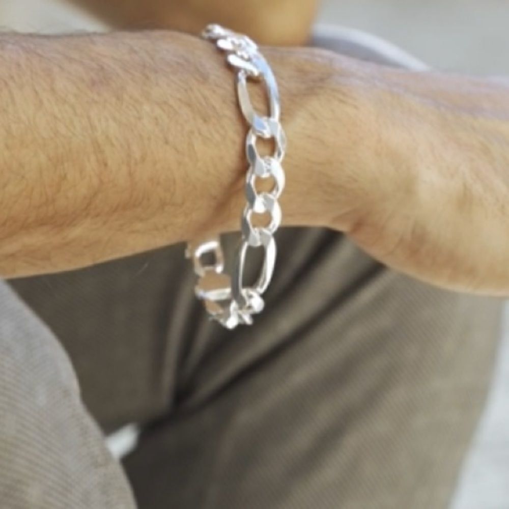 Large Solid Sterlingfigaro Chain Link Bracelet Se… - image 4